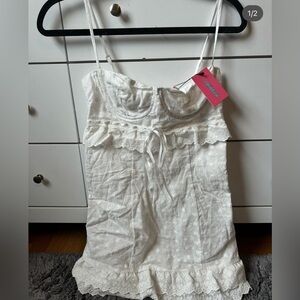 NWT Edikted White Bustier Eyelet ruffle mini dress with ribbon detailing!